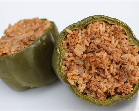 Serving inspiration: Green peppers stuffed with minced beef and rice. Not verified as this exact recipe.