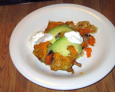 Serving inspiration: Sweet potato and black bean enchiladas topped with avocado and sour cream. Not verified as this exact recipe.