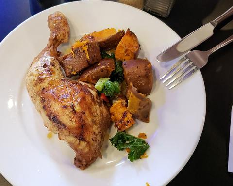 Serving inspiration: A roast chicken leg with roasted sweet potato and kale. Not verified as this exact recipe.