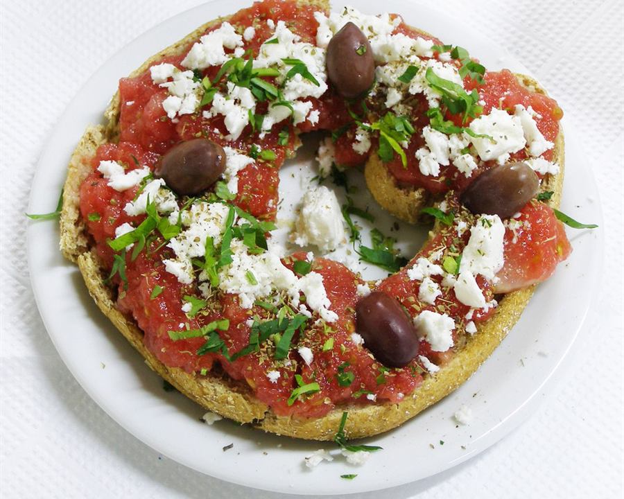 Serving inspiration: Cretan dakos: a barley rusk topped with grated tomato, feta, olives and oregano. Not this exact recipe.