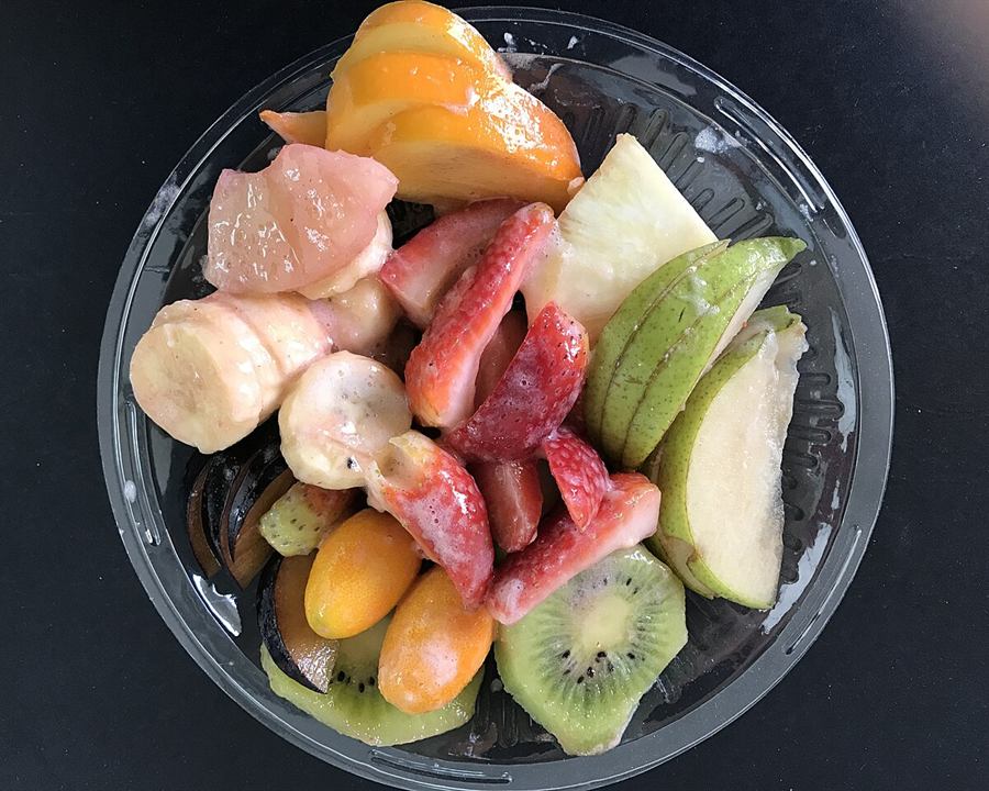 Serving inspiration: A mixed fresh fruit salad in a clear bowl. Not this exact recipe.