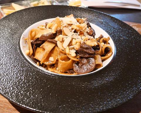 Serving inspiration: A bowl of pasta with sliced mushrooms and nuts. Not verified as this exact recipe.