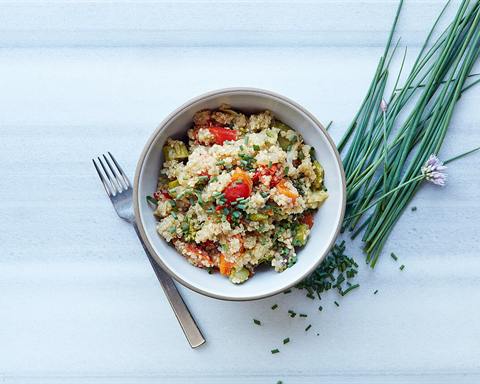 Serving inspiration: A quinoa bowl with chopped fresh vegetables and herbs. Not verified as this exact recipe.