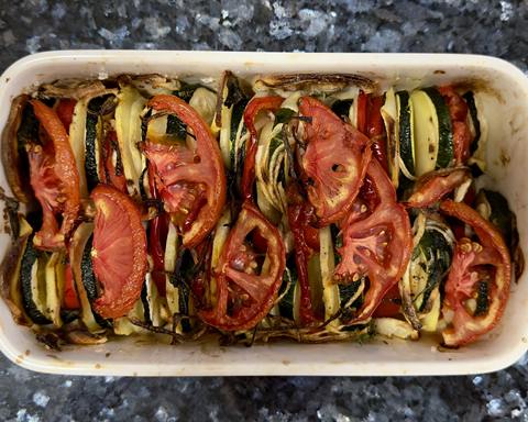 Serving inspiration: A baking dish of zucchini, potatoes, peppers and tomatoes baked with onions and garlic. Not verified as this exact recipe.